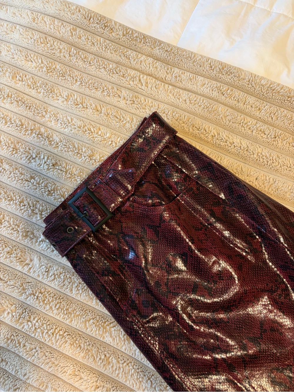 High-Shine Burgundy Snake-Print Pencil Skirt with Belt